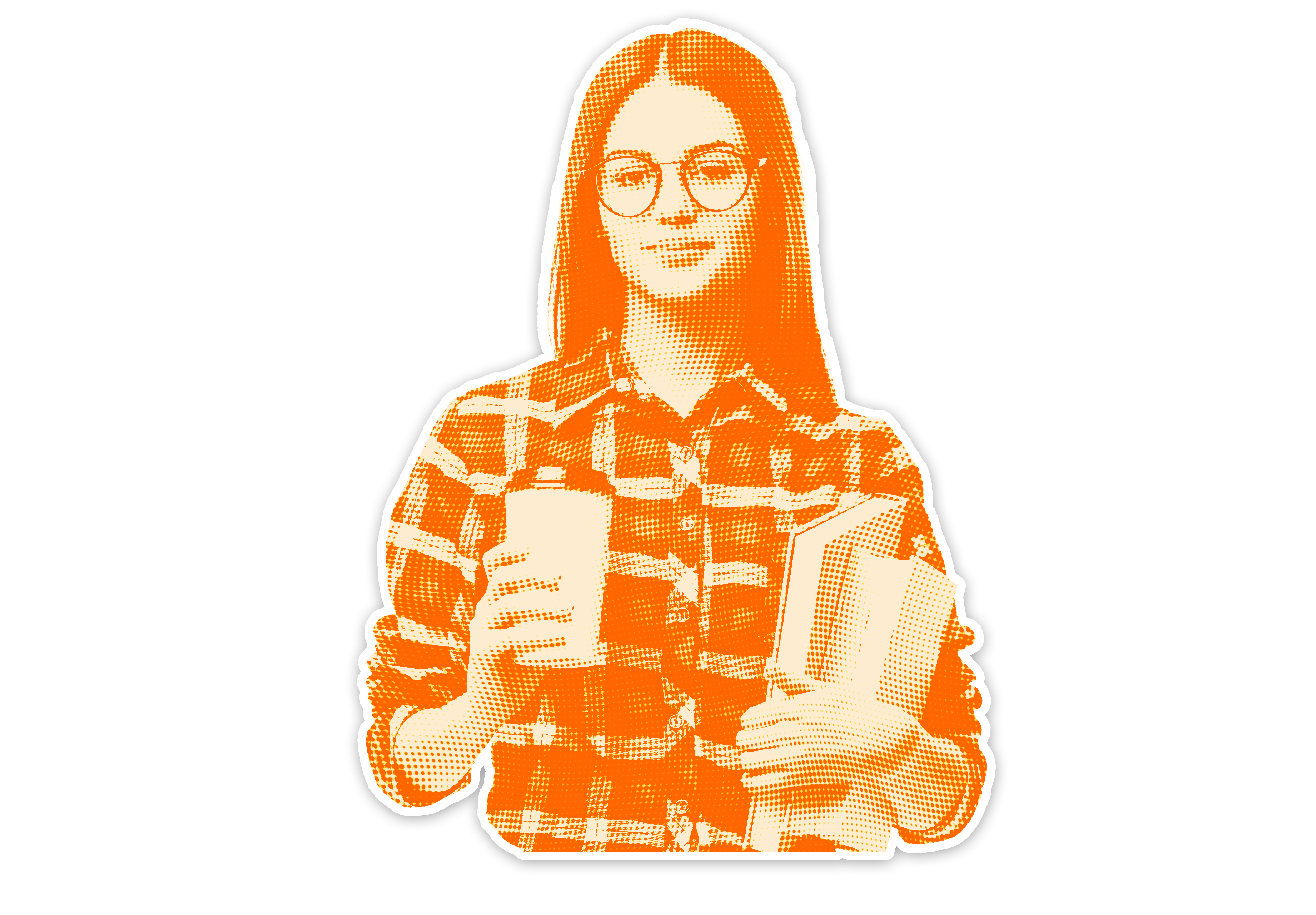 student with a book and coffe, wearing glasses 
