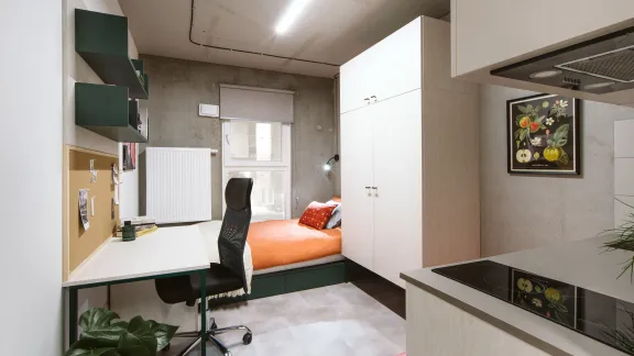 SHED Warsaw Living Campus dormitory room isometric shot pokój w akademiku rzut izometryczny