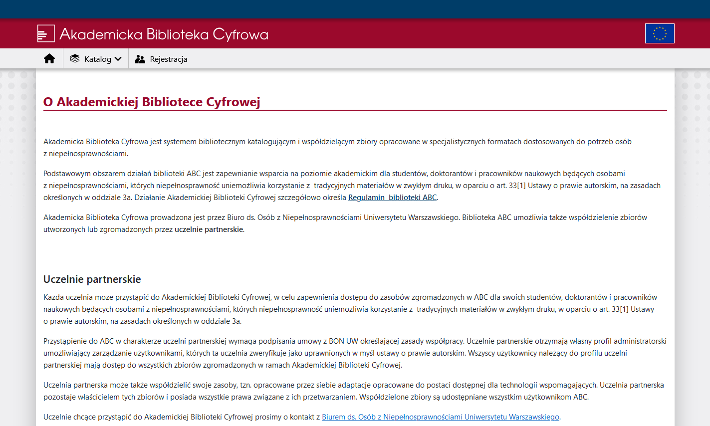Zrzut ekranu komputera strony internetowej przedstawiający opis Akademickiej Biblioteki Cyfrowej.