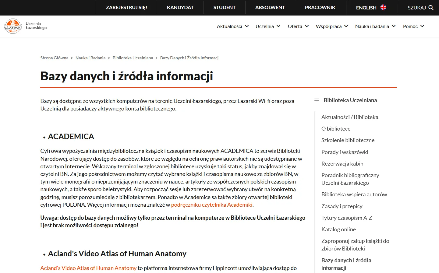 Zrzut ekranu komputera strony internetowej Biblioteki przedstawiający stronę internetową zatytułowaną "Bazy danych i źródła informacji".