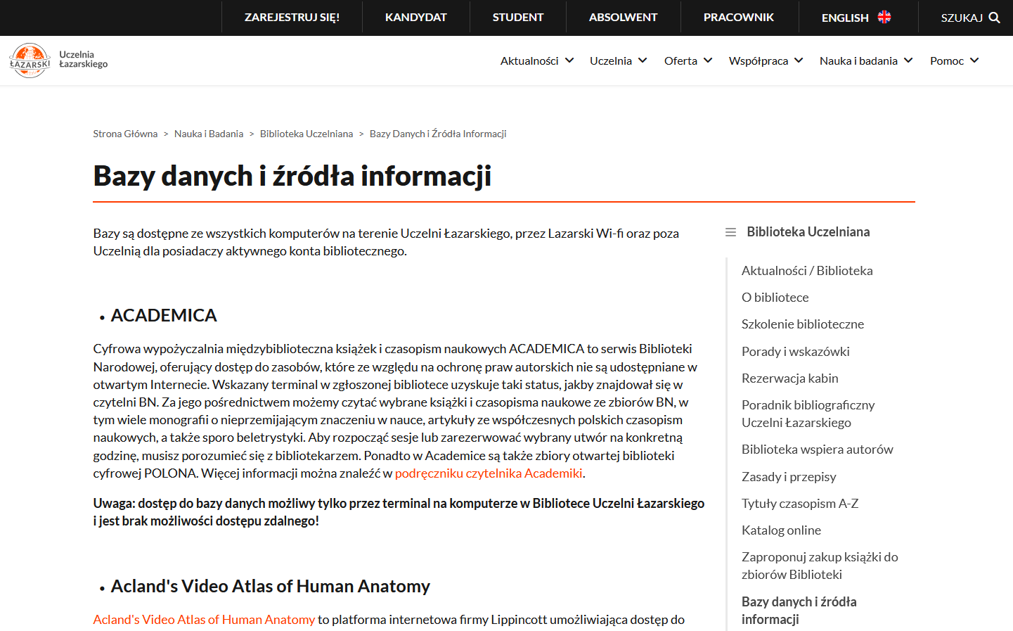 Zrzut ekranu komputera strony internetowej Biblioteki przedstawiający stronę internetową zatytułowaną "Bazy danych i źródła informacji".