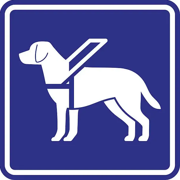 The sign "Entry allowed with a guide or service dog" featuring a white silhouette of a dog on a blue background.