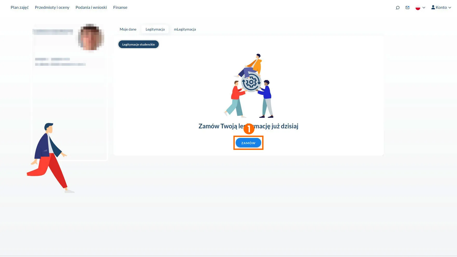 Platforma e-dziekanat z opcją zamówienia legitymacji studenckiej. Centralnie umieszczona ilustracja trzech osób, poniżej napis: „Zamów Twoją legitymację już dzisiaj” oraz niebieski przycisk „ZAMÓW”.