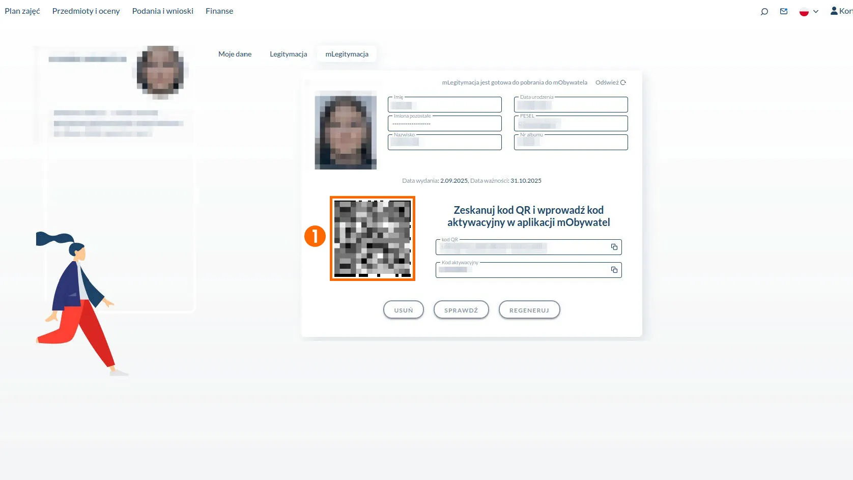 Platforma e-dziekanat z widocznymi danymi osobowymi i kodem QR. Centralnie umieszczony prostokąt zawiera zdjęcie profilowe, dane użytkownika, kod QR, pole do wpisania kodu aktywacyjnego oraz trzy przyciski: „Usuń”, „Sprawdź”, „Regeneruj”.