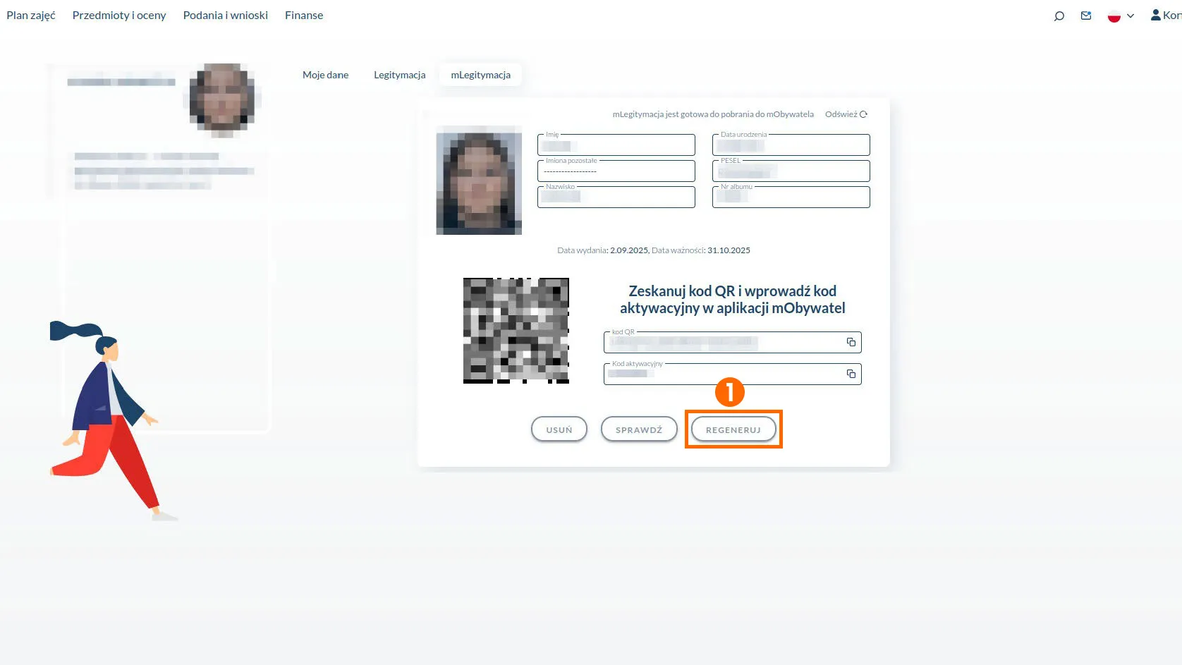Platforma e-dziekanat z widocznymi danymi osobowymi i kodem QR. Centralnie umieszczony prostokąt zawiera zdjęcie profilowe, dane użytkownika, kod QR (oznaczony numerem 1), pole do wpisania kodu aktywacyjnego oraz trzy przyciski: „Usuń”, „Sprawdź”, „Regeneruj”.