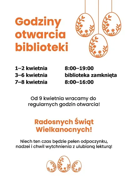 Plakat z informacją o godzinach otwarcia Biblioteki w okresie świąt wielkanocnych. Wersja tekstowa jest podana poniżej.