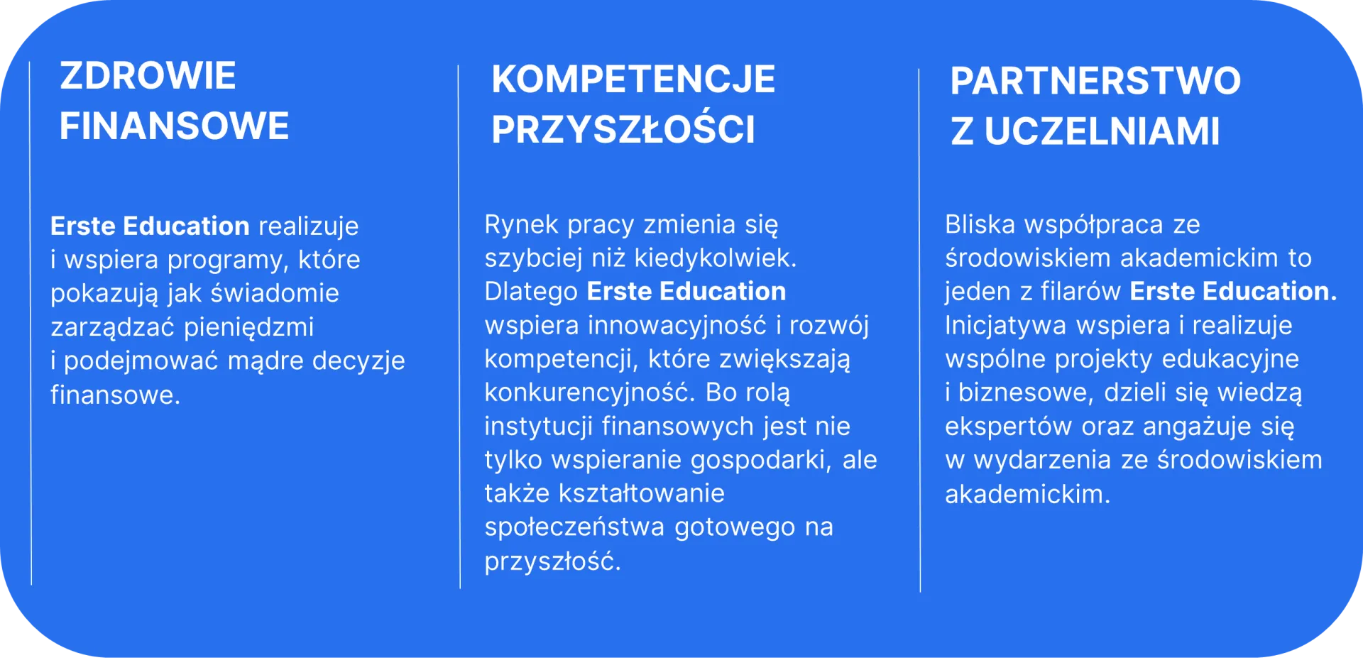 Grafika przedstawia trzy obszary działań Erste Education: zdrowie finansowe, rozwój kompetencji przyszłości oraz partnerstwo z uczelniami.
