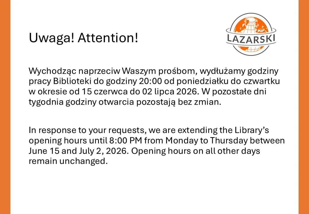 Ogłoszenie o wydłużeniu godzin otwarcia Biblioteki. Tekst ogłoszenia jest podany poniżej.