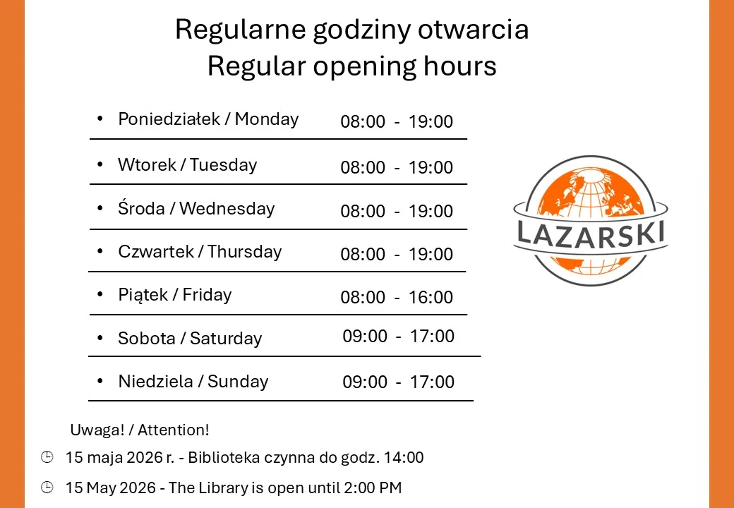 Plakat z informacją o godzinach otwarcia Biblioteki. Tekst plakatu znajduje się poniżej.