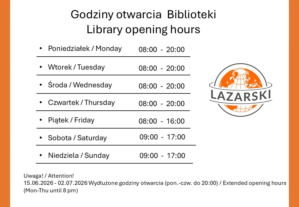 Plakat z informacją o godzinach otwarcia Biblioteki. Tekst plakatu znajduje się poniżej.