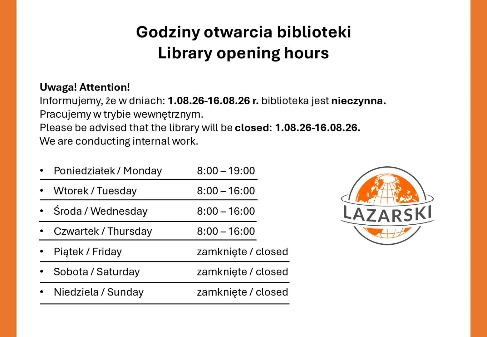  Godziny otwarcia biblioteki w sierpniu 2026 r. Wersja tekstowa znajduje się poniżej.