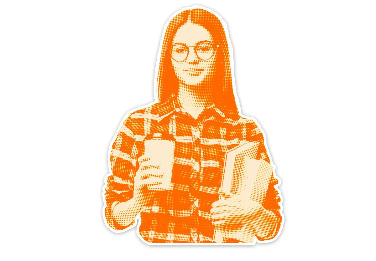student with a book and coffe, wearing glasses
