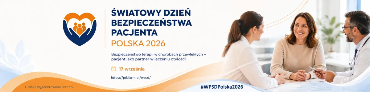 Baner promujący Światowy Dzień Bezpieczeństwa Pacjenta w Polsce w 2026 roku, przedstawiający trzy osoby rozmawiające przy stole, z informacjami o wydarzeniu oraz logo w kształcie serca po lewej stronie.