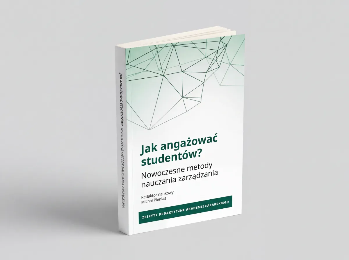 Okładka publikacji „Jak angażować studentów? Nowoczesne metody nauczania i zarządzania” z geometrycznym, zielonym wzorem.