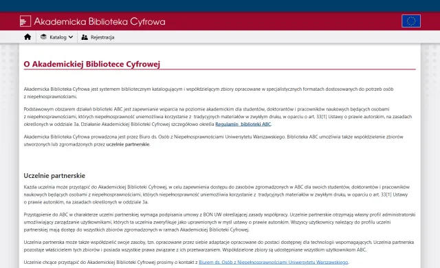 Zrzut ekranu komputera strony internetowej przedstawiający opis Akademickiej Biblioteki Cyfrowej.