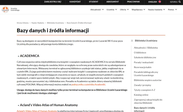 Zrzut ekranu komputera strony internetowej Biblioteki przedstawiający stronę internetową zatytułowaną "Bazy danych i źródła informacji".