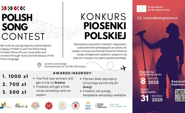 Plakat promujący "Konkurs Piosenki Polskiej" skierowany do młodych imigrantów i obcokrajowców. Rejestracja trwa do 8 maja 2025 roku, a finał odbędzie się 31 maja 2025 roku. Na dole plakatu znajduje się sylwetka osoby śpiewającej do mikrofonu na tle czerwonego światła.
