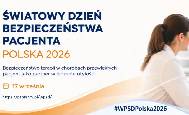 Baner promujący Światowy Dzień Bezpieczeństwa Pacjenta w Polsce w 2026 roku, przedstawiający trzy osoby rozmawiające przy stole, z informacjami o wydarzeniu oraz logo w kształcie serca po lewej stronie.