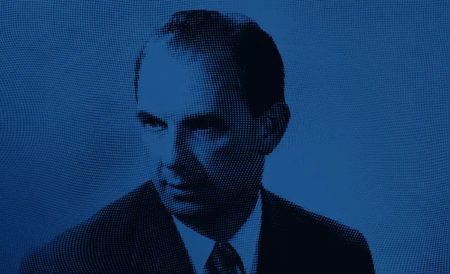 Portret Ryszarda Łazarskiego w ciemnym garniturze, przetworzony graficznie w granatowo-niebieskim rastrze.