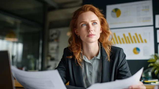 Kobieta w rudych włosach przegląda dokumenty