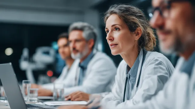 Zespół lekarzy w białych fartuchach siedzi przy stole, prowadząc dyskusję.