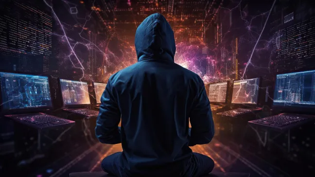 Hacker using laptop sitting