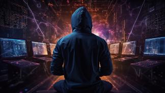Hacker using laptop sitting