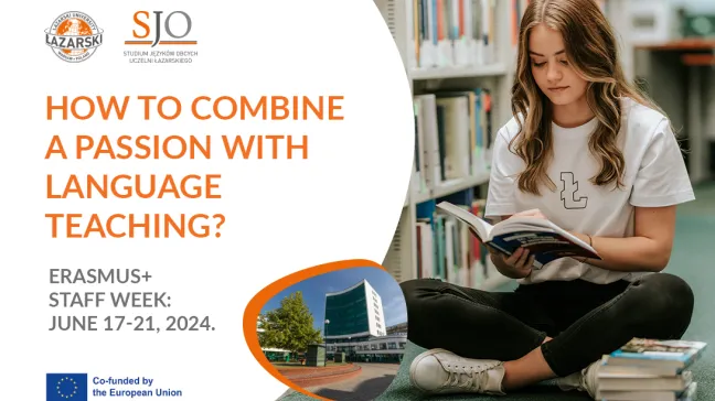 studentka czyta książkę w bibliotece, nazwa warsztatów: How to combine a passion with language teachnig?