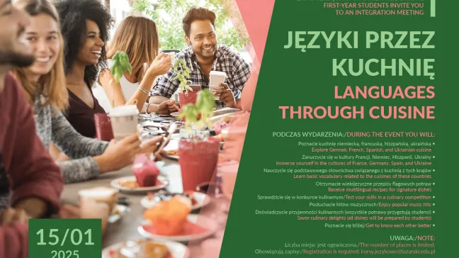 plakat, języki przez kuchnię, sala 130, 15 stycznia 2025, godzina 10:20, zapisy kursy.jezykowe@lazarski.edu.pl