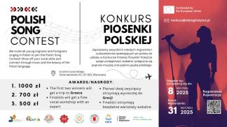 Plakat promujący "Konkurs Piosenki Polskiej" skierowany do młodych imigrantów i obcokrajowców. Rejestracja trwa do 8 maja 2025 roku, a finał odbędzie się 31 maja 2025 roku. Na dole plakatu znajduje się sylwetka osoby śpiewającej do mikrofonu na tle czerwonego światła.