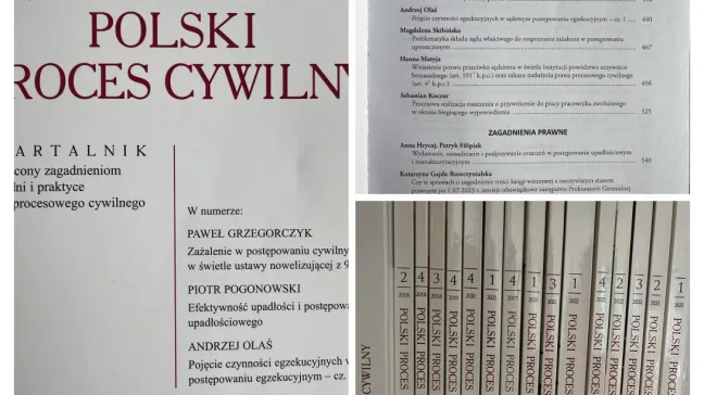 Okładka czasopisma prawniczego "Polski Proces Cywilny". Na górze po prawej stronie widnieje się spis treści z tytułami artykułów i nazwiskami autorów. W prawym dolnym rogu są grzbiety czasopism ustawionych w stosie.