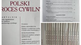 Okładka czasopisma prawniczego "Polski Proces Cywilny". Na górze po prawej stronie widnieje się spis treści z tytułami artykułów i nazwiskami autorów. W prawym dolnym rogu są grzbiety czasopism ustawionych w stosie.