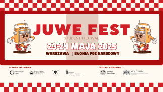 plakat grafika przedstawiająca dwa spersonifikowane odbiorniki radiowe i napis Juwe Fest, 23-24 maja 2025 roku, Warszawa, Błonia PGE Narodowy
