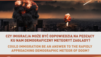 Plakat przedstawia zaproszenie na debatę studencką w języku angielskim, organizowaną przez Studium Języków Obcych na Uczelni Łazarskiego. Tematem debaty jest pytanie: "Czy imigracja może być odpowiedzią na pędzący ku nam demograficzny meteoryt zagłady?". W tle znajduje się obraz miasta z eksplozjami, co ma symbolizować dramatyczny charakter tematu.
