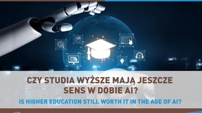 ręka robota, szklana kula na której wyświetlają się dane, w środku biret