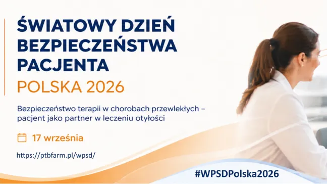 Baner promujący Światowy Dzień Bezpieczeństwa Pacjenta w Polsce w 2026 roku, przedstawiający trzy osoby rozmawiające przy stole, z informacjami o wydarzeniu oraz logo w kształcie serca po lewej stronie.