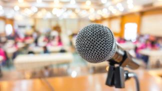 black microphone in conference room 1232 3128
