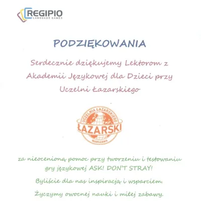 Podziękowania dla Akademii Językowej dla Dzieci od firmy Regipio