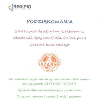Podziękowania dla Akademii Językowej dla Dzieci od firmy Regipio