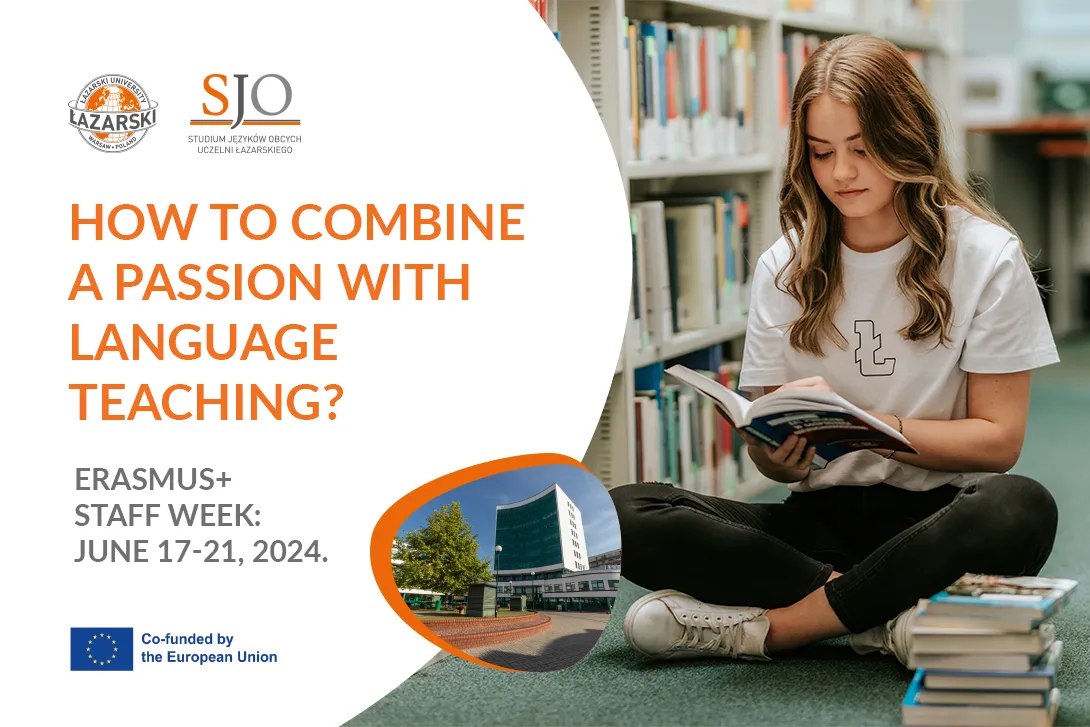 studentka czyta książkę w bibliotece, nazwa warsztatów: How to combine a passion with language teachnig?