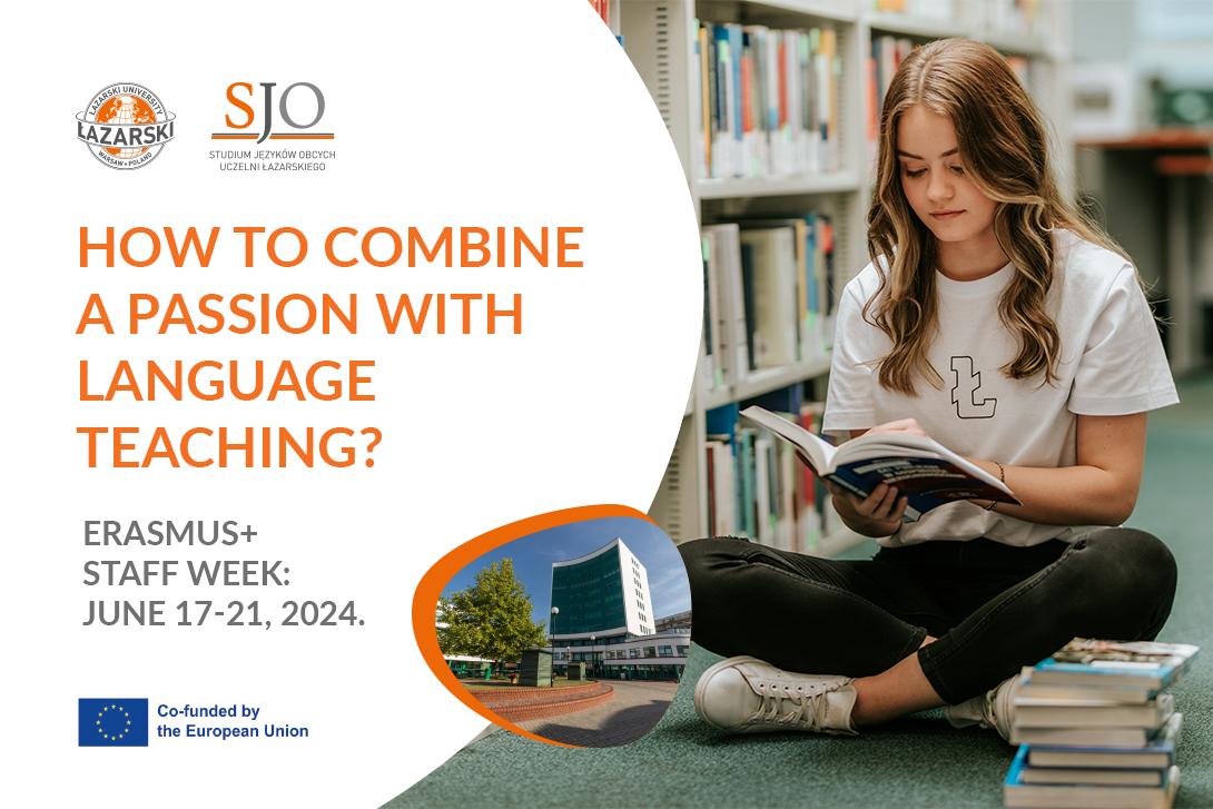 studentka czyta książkę w bibliotece, nazwa warsztatów: How to combine a passion with language teachnig?