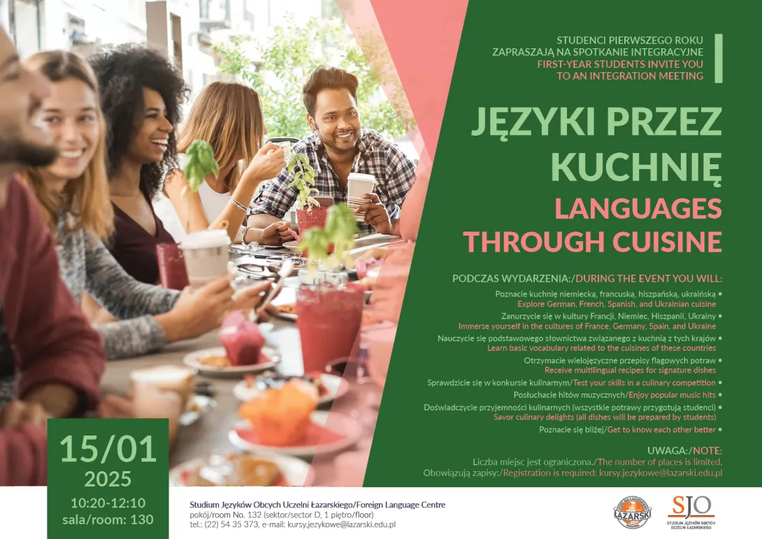 plakat, języki przez kuchnię, sala 130, 15 stycznia 2025, godzina 10:20, zapisy kursy.jezykowe@lazarski.edu.pl
