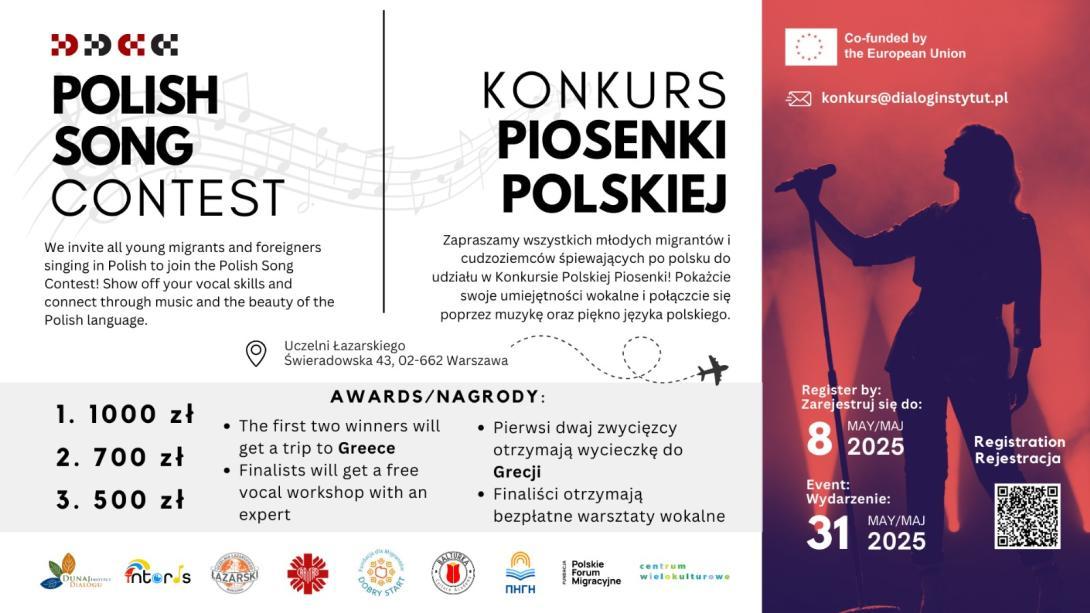 Plakat promujący "Konkurs Piosenki Polskiej" skierowany do młodych imigrantów i obcokrajowców. Rejestracja trwa do 8 maja 2025 roku, a finał odbędzie się 31 maja 2025 roku. Na dole plakatu znajduje się sylwetka osoby śpiewającej do mikrofonu na tle czerwonego światła.