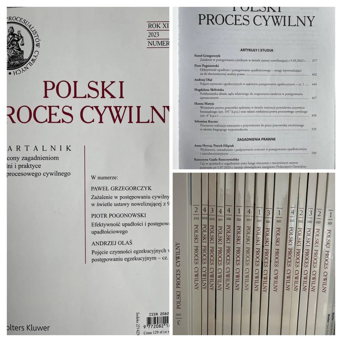 Okładka czasopisma prawniczego "Polski Proces Cywilny". Na górze po prawej stronie widnieje się spis treści z tytułami artykułów i nazwiskami autorów. W prawym dolnym rogu są grzbiety czasopism ustawionych w stosie.