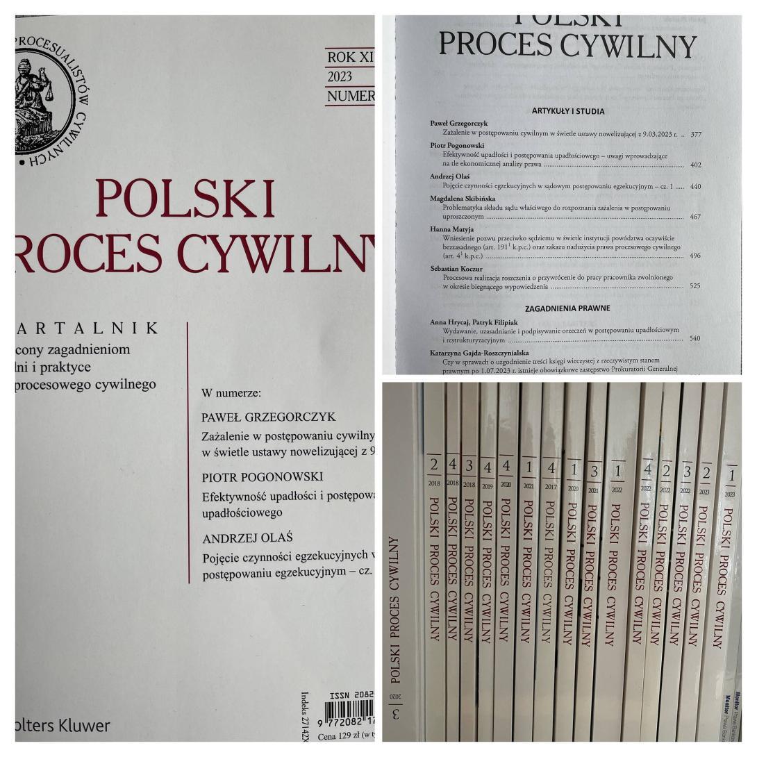 Okładka czasopisma prawniczego "Polski Proces Cywilny". Na górze po prawej stronie widnieje się spis treści z tytułami artykułów i nazwiskami autorów. W prawym dolnym rogu są grzbiety czasopism ustawionych w stosie.