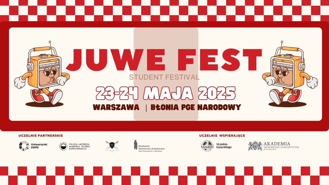 plakat grafika przedstawiająca dwa spersonifikowane odbiorniki radiowe i napis Juwe Fest, 23-24 maja 2025 roku, Warszawa, Błonia PGE Narodowy