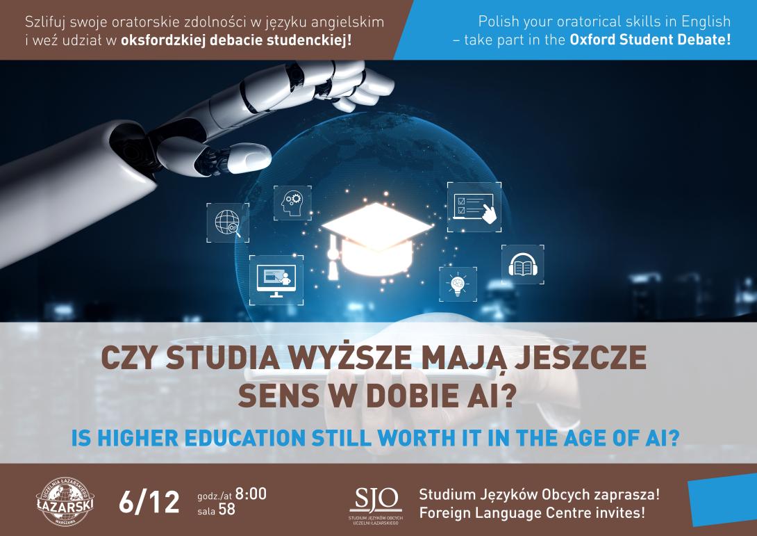 ręka robota, szklana kula na której wyświetlają się dane, w środku biret