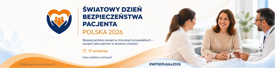 Baner promujący Światowy Dzień Bezpieczeństwa Pacjenta w Polsce w 2026 roku, przedstawiający trzy osoby rozmawiające przy stole, z informacjami o wydarzeniu oraz logo w kształcie serca po lewej stronie.
